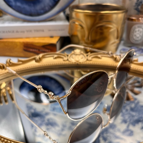 🆕 GUCCI 🧿 NWOT GG1017 Light Gold Metal Rimmed Round Sunglasses Brown Gradient - Picture 5 of 16